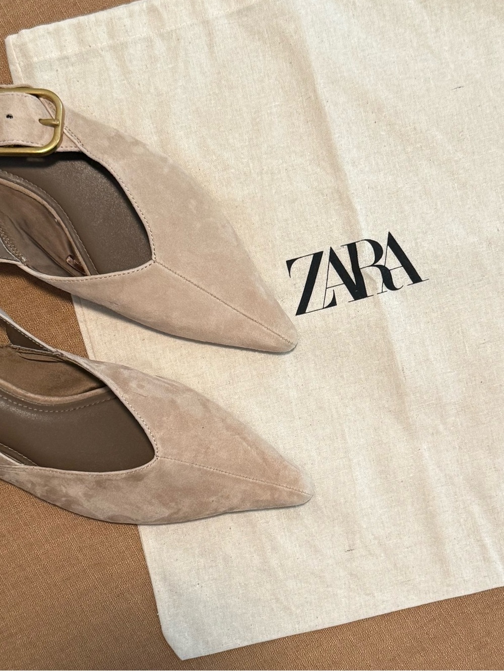 Zara Women’s Pointed Toe Suede Slingback Flats in Beige
